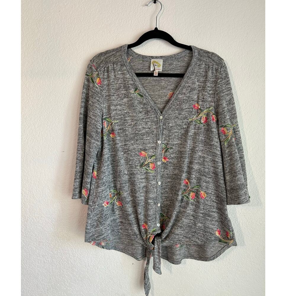 Anthropologie Fig and Flower Floral Embroidered Button Down Front Tie Blouse 1X